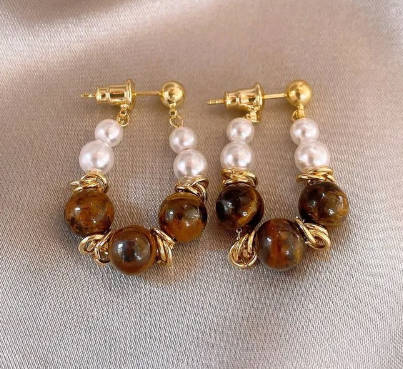 Brown Color Earrings, Pearl Earrings, High-end Vintage Earrings one size