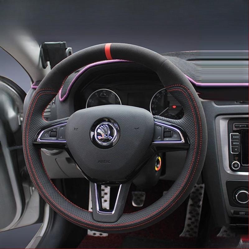 

Для Skoda Octavia 2017 Fabia 2016 2017 Rapid Spaceback 2016 Ручна робота Шкіра Замша Автомобільний Покриття на Кермо 4