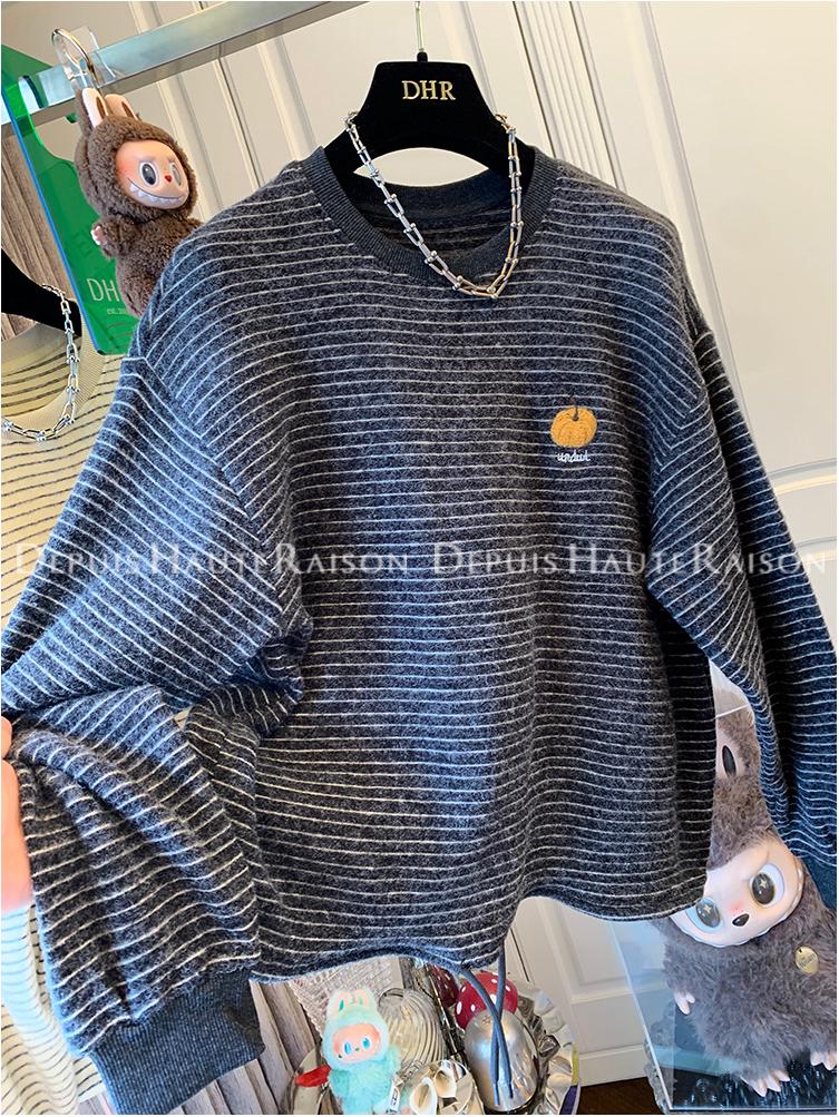 Korean Style Embroidered Pumpkin Stripe Long Sleeve Women's Plus Size Casual Top