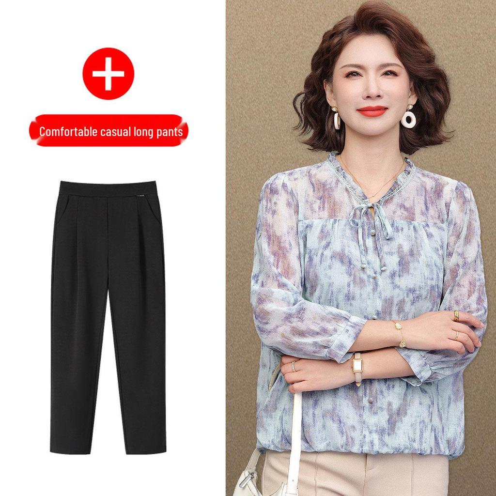 Mom's Summer Chiffon Two-Piece: Stylish Middle-Aged & Elderly Women's Shirt Set