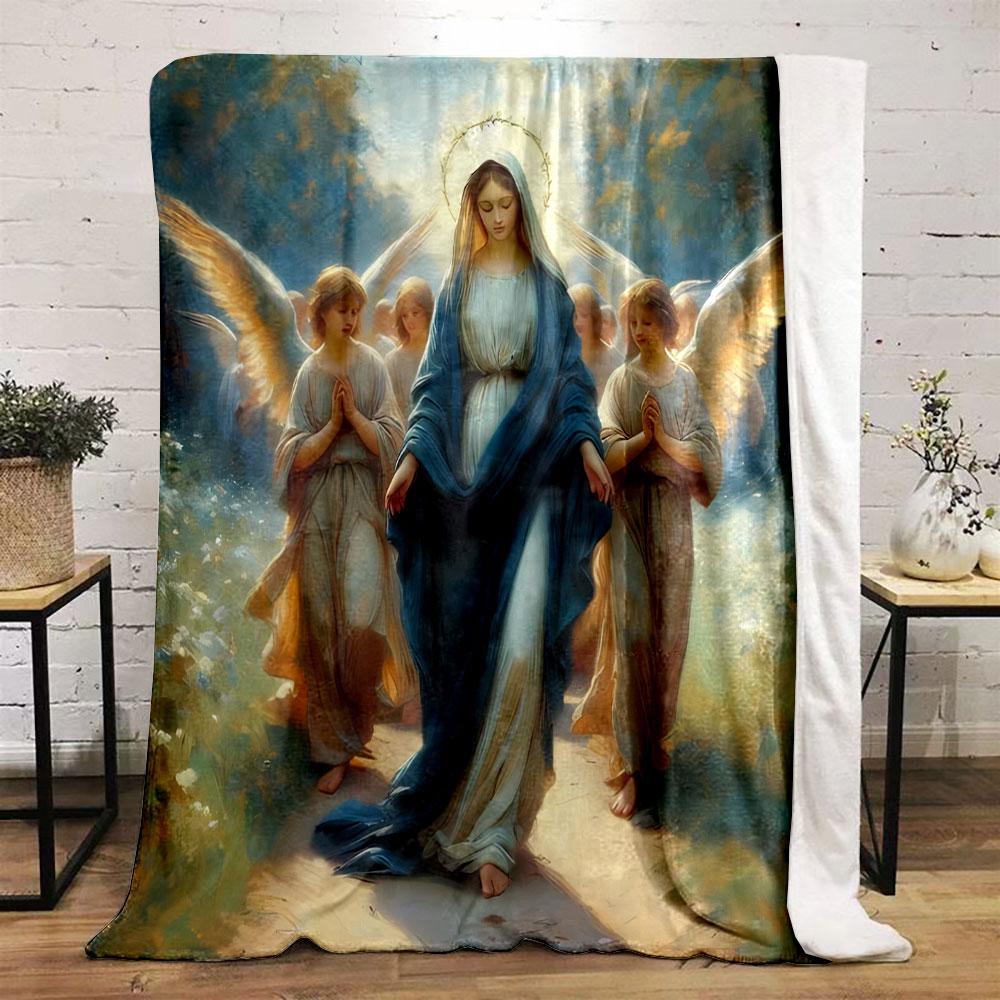 Our Lady with Angels Printed Blanket Printed Blanket for Living Room Bed Couch Lunch Break Soft Cozy Blanket for Friend's Festival Gift