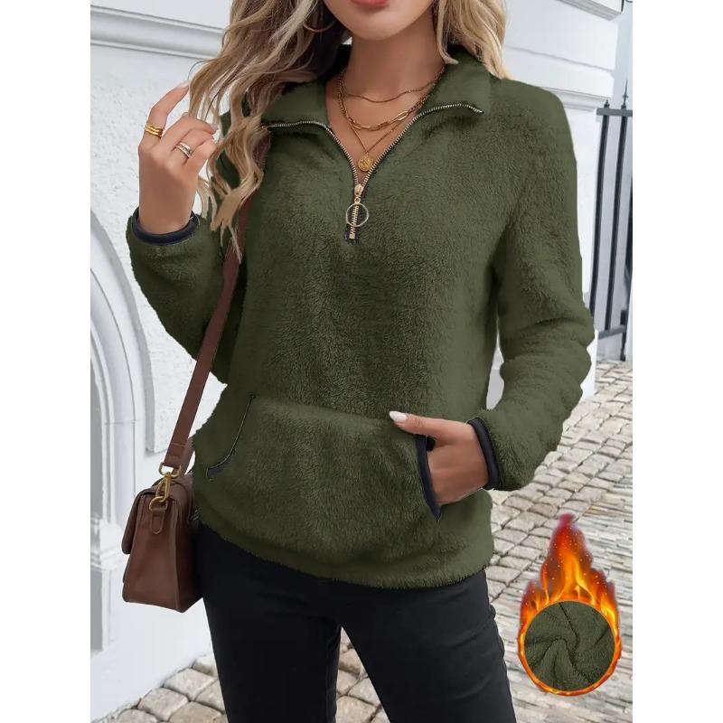 

Женское плюшевое худи с полумолнией, повседневный пуловер с длинными рукавами и передней молнией, уютная толстовка для зимы, домашняя одежда однотонной расцветки S зелёный