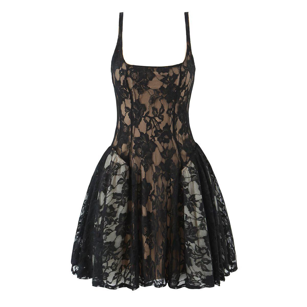 

Elegant 2026 Sweet Lace Knit Camisole Dress with Retro Square Neck & Backless Design M чёрный