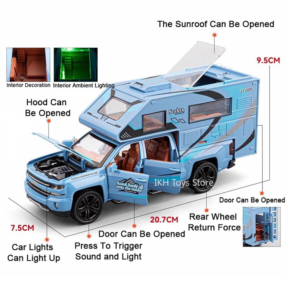 1:32 Camping Car Model Toy Cars Alloy Diecast Miniature RV Sound Light Doors Opened Pull Back Ornament Vehicles for Kids Gifts