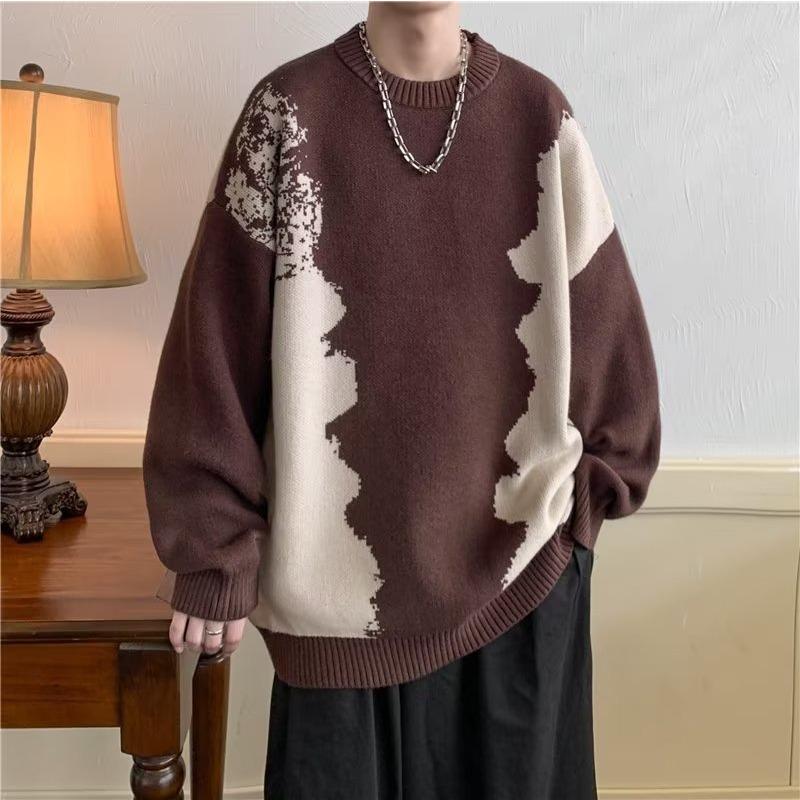 

Корейский стиль круглый вырез контрастного цвета свитер куртка мужская осень и зима новая модная льняная одежда ленивые пары топы 2XL