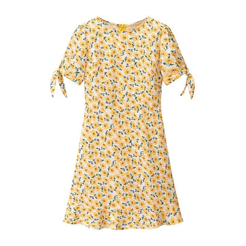 

Araltay New Arrival Fashion Style Women s Clothing Fashion Retro SUNFLOWER Cuff Knotted Mini Holiday Dress Yellow L