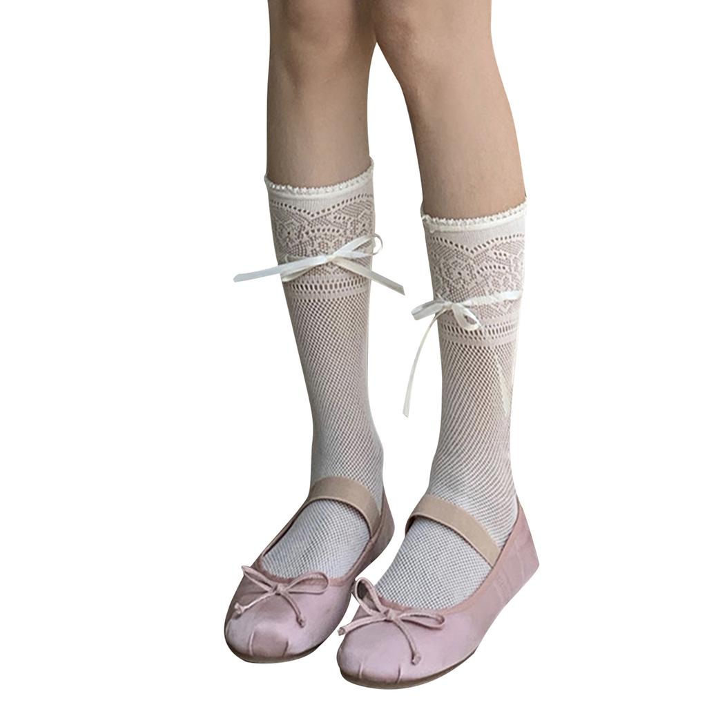 Japanese Style Sweet Hollow-Out Floral Lace Over Calf Long Socks Student Girls Cute Bowknot Frilly Stockings for Women