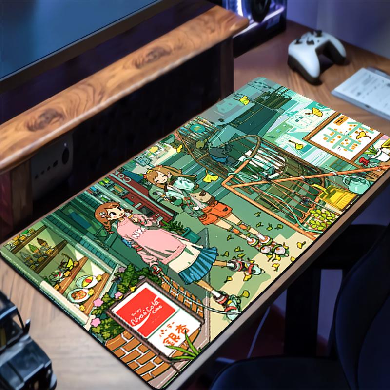 Anime Mauspads Computer Gamer Verriegelte Kante Erweitertes Desktop-Mauspad Kawaii Cartoon Stadt Tastatur-Mauspad Natürlicher Gummi Teppich