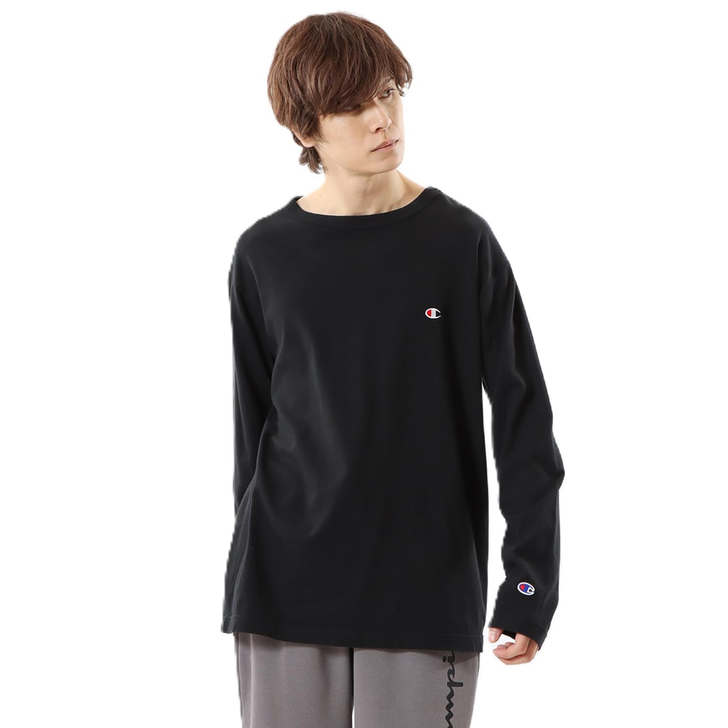 

Champion Basic Long Sleeve Crew Embroidered Men s T-Shirt, Neck, 100% Cotton, One-Point Logo, Black, C3-P401Z чёрный