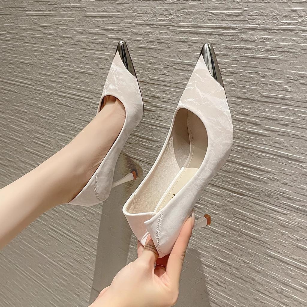 2025 spring and summer new anti-wear feet thin heels pointed temperament work single shoes French soft leather fashion versatile high heels