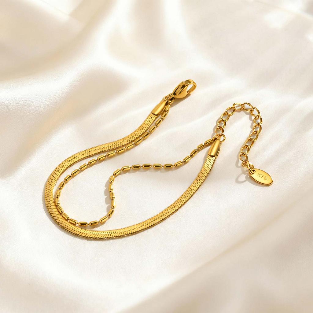 Dainty Bamboo Chain Flat Snake Chain Bracelet for Women,Gold Color Stainless Steel Double Layer Bracelets,Fashion Jewelry Gift