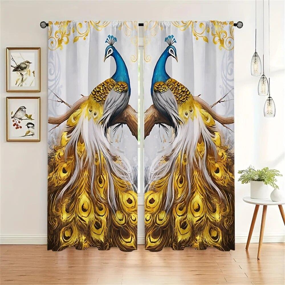 Vacker blå gyllene påfågel Djur Fönster Gardiner Persienner för Vardagsrum Sovrum Badrum Kicthen Dörr Heminredning