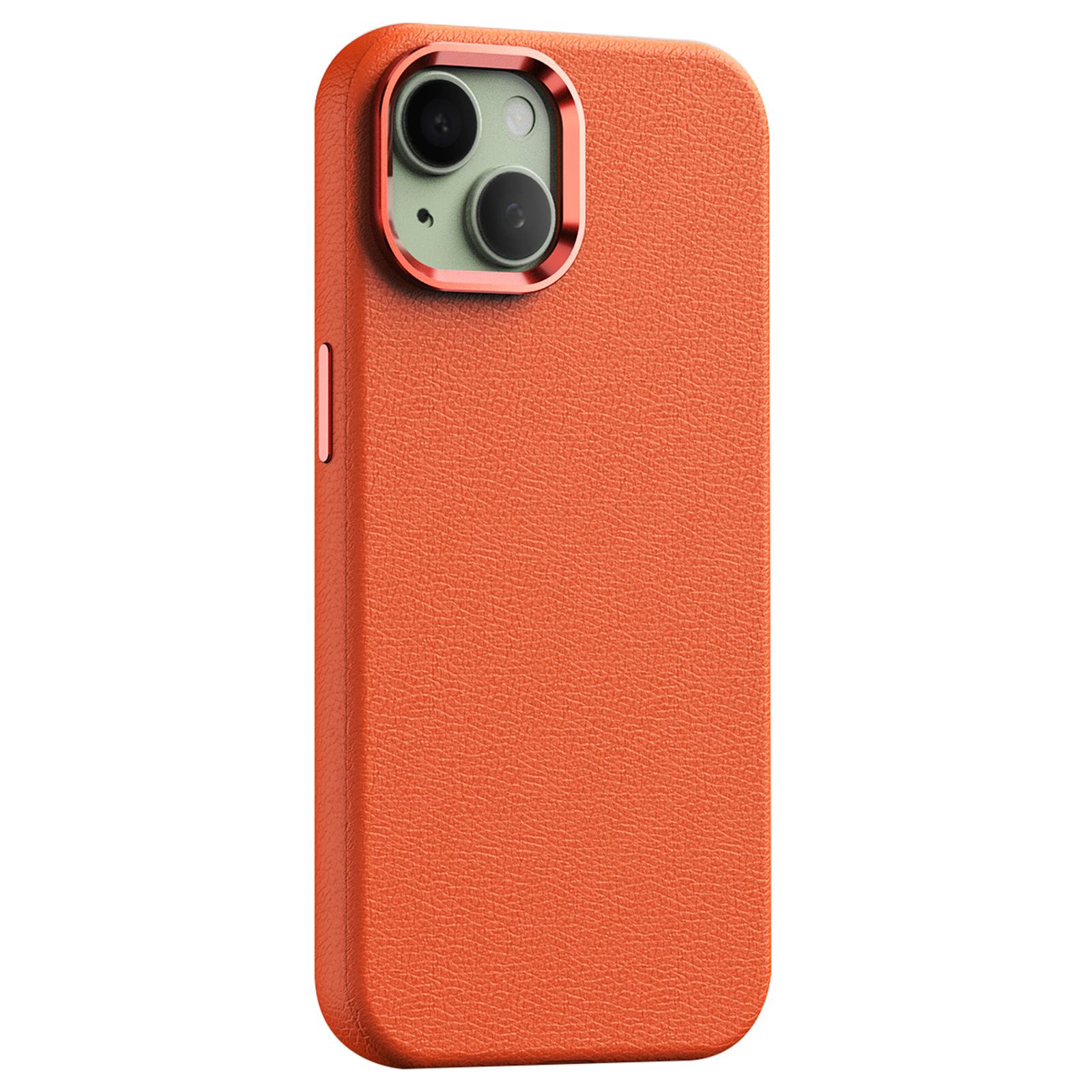 

For iPhone 14 Case Compatible with Magsafe PU Leather Back Cover with Metal Lens Frame Orange