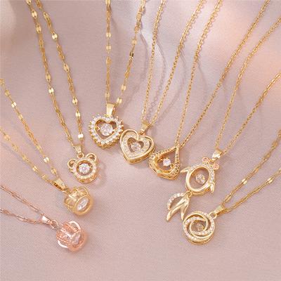 Luxury Inlaid Zircon Pendant Necklace Stainless Steel Chains Round Heart Crown Choker Jewelry Party Gifts For Women Girls