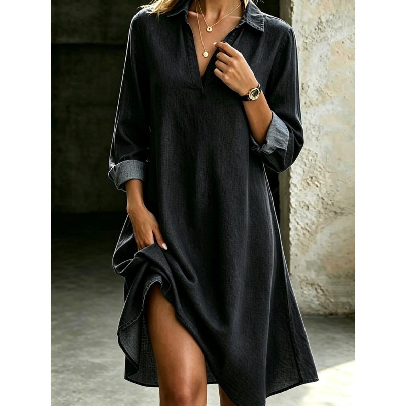 MGHR Moda Feminina Outono Inverno Cor Sólida Estampa Decote V Manga Longa Vestidos Casuais