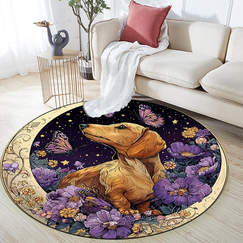 Dachshund Butterflies Round Area Rug,Carpet Rug for Living Room Bedroom Sofa Playroom Decor,Non-slip Floor Mat