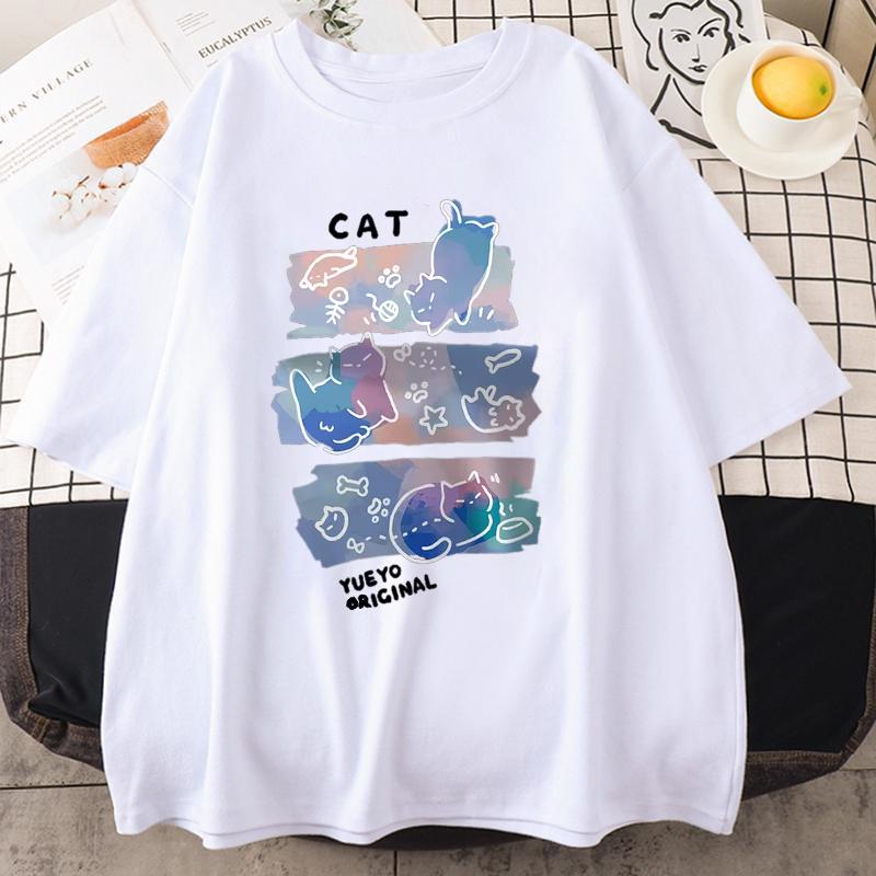 Fun Mischievous Cat Print Japanese Style T-Shirts Men Women Fashion Tshirs Breathable Summer T-Shirts Cotton Loose Tee Clothes