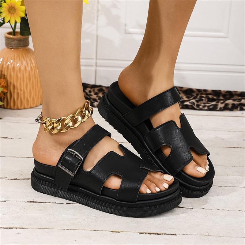 22 new large-size slippers thick-bottomed one-word buckle solid color European and American casual cool slippers 36
