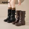 Augustine black boots women's 2025 new autumn mid-tube knight boots retro British platform Martin boots