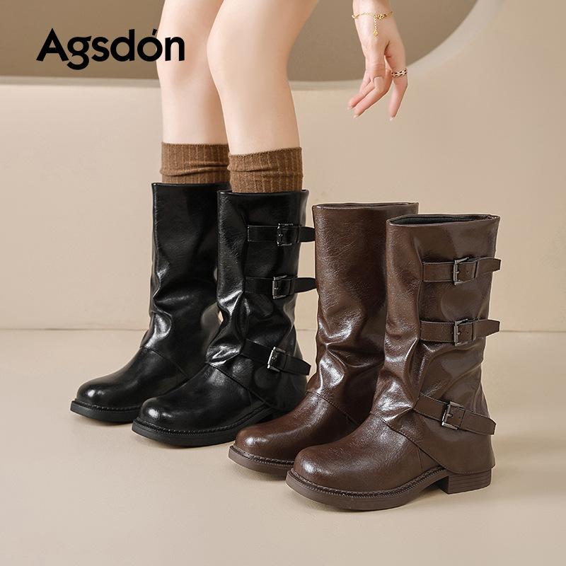 Augustine black boots women's 2025 new autumn mid-tube knight boots retro British platform Martin boots