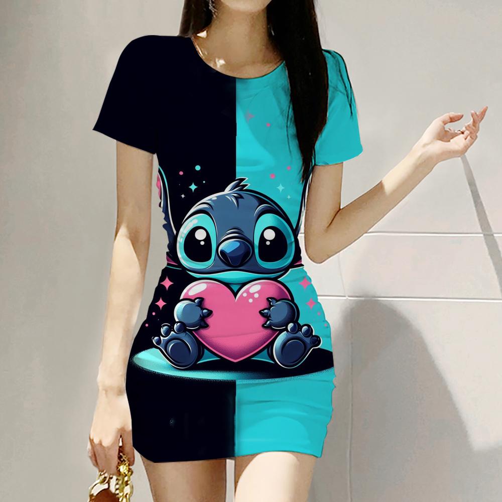 2026 Summer Disney Stitch 3D Cartoon Printed Girl Dress Short Sleeve Women s/Adult Parent-Child Dress Kawaii Beach Party Dress S