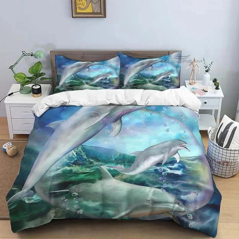 Dolphin Pattern Comforter Bedding Set,Duvet Cover Bed Set Quilt Cover Pillowcase,King Queen Size Bedding Set