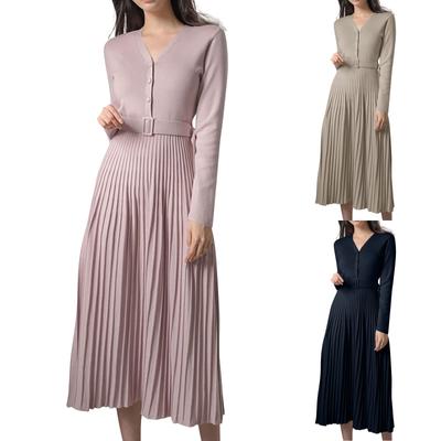 Women's V-Neck Small Single-Breasted Tie Waist Long Sleeve Pleated Knit Dress