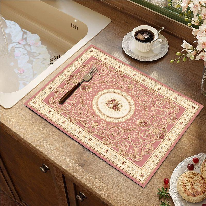 Oval Soft Pink Peony Placemat Floral Frame Print Waterproof Non Slip Heat Resistant Dining Desk Decor Pad Kitchen Mat