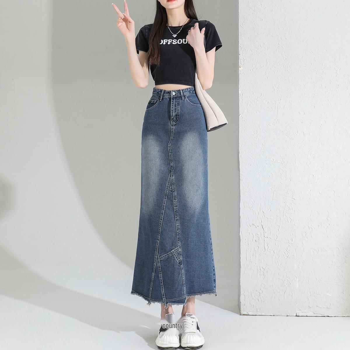 

Patchwork Slit Raw Edge Denim Midi Skirt - Women s 2025 High Waist A-Line L