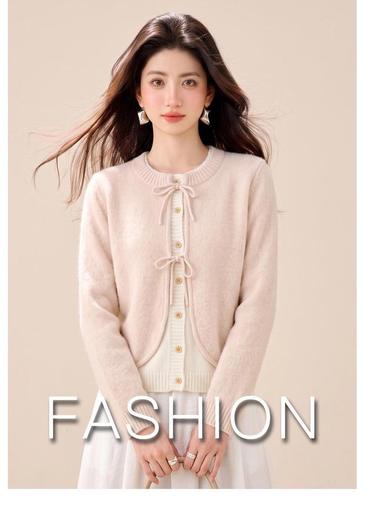 Pink Patchwork Bow Tie Knit Sweater for Autumn/Winter 2026