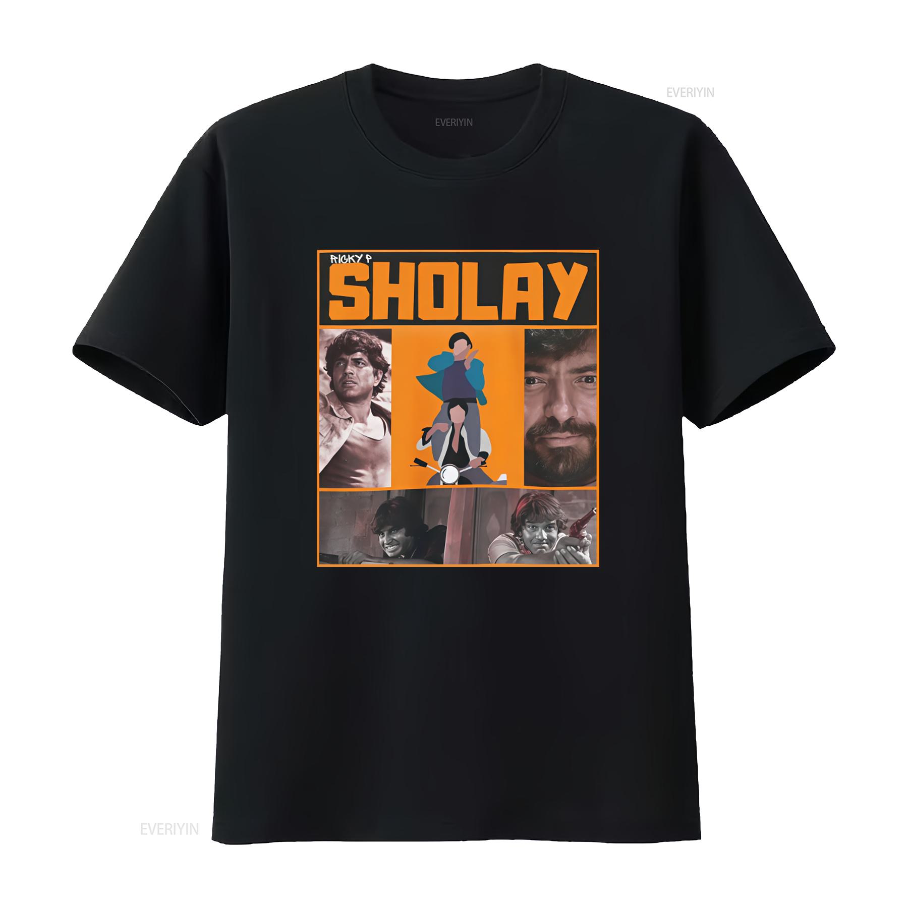 

Sholay Bollywood Movie T Shirt By Ricky P Featuring Amitabh Heavy Cotton Retro Design Iconic Characters vintage Washed Slightly 4XL