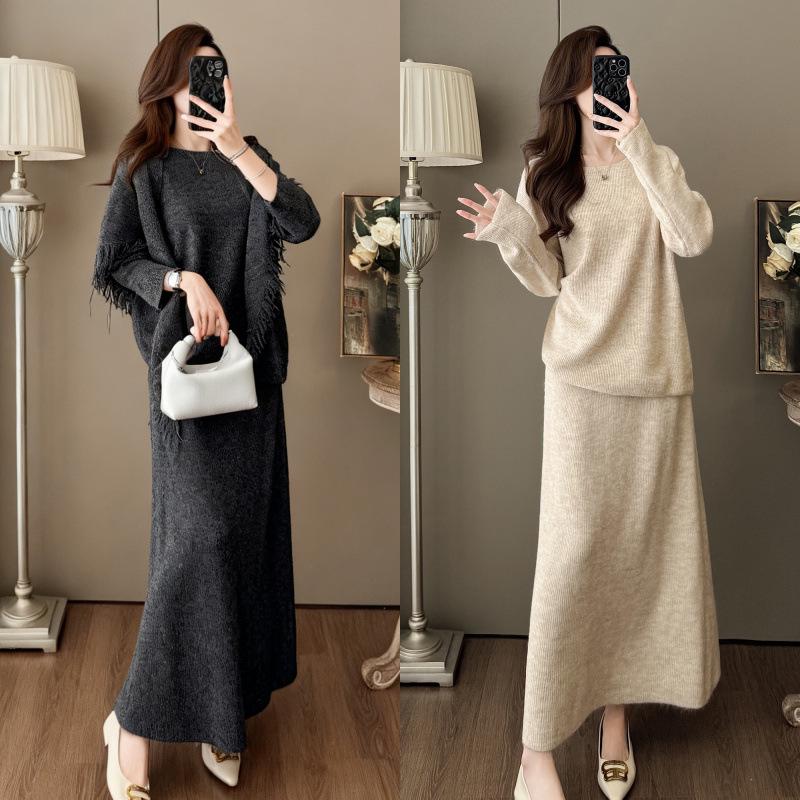 Women's Autumn/Winter High-End Knit Set: Tassel Shawl, Sweater & Skirt.