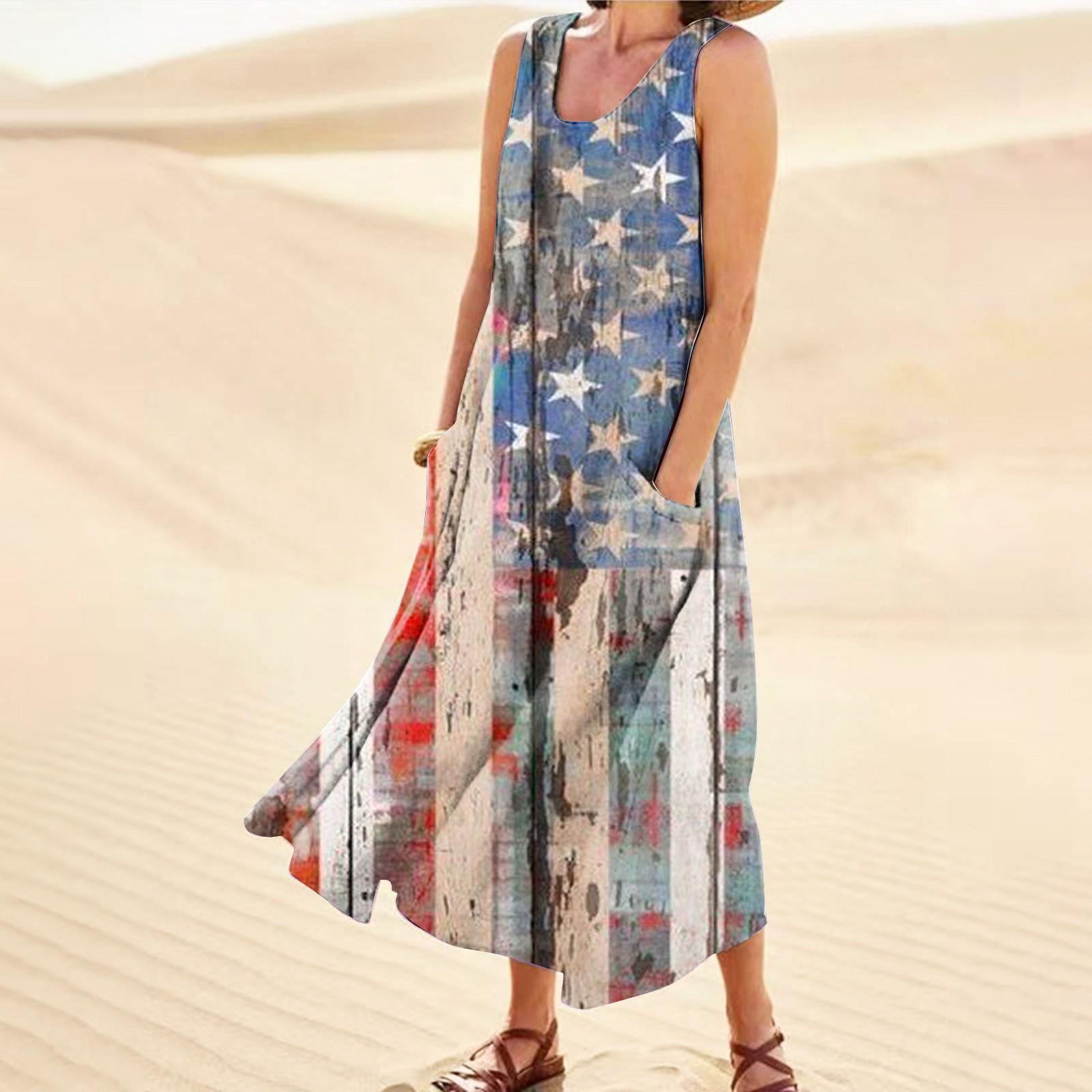 

Женское повседневное удобное хлопковое платье с карманами без рукавов и принтом ко Дню независимости XL серый