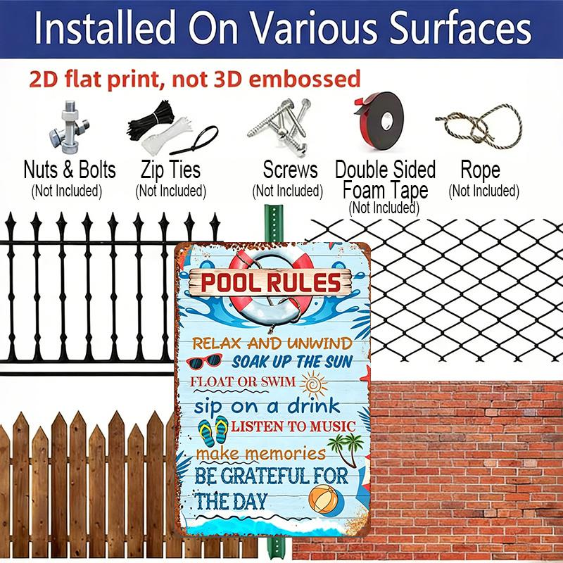 2D Flat Aluminum Metal Sign Decorative Signs and Plaques Vintage Pool Rules Metal Sign- 8.0X 12.0inch Vintage Wall Art, Easy To Hang with Pre-Drilled