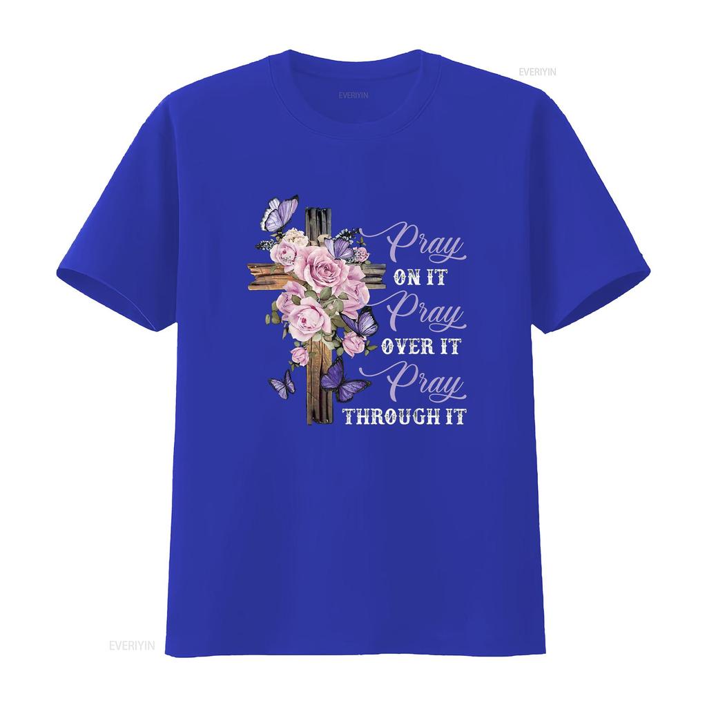Pray On It Over Through Christian T Shirt vintage Washed Soft streetwear Top For Everyday Wear Breathable designer clothes