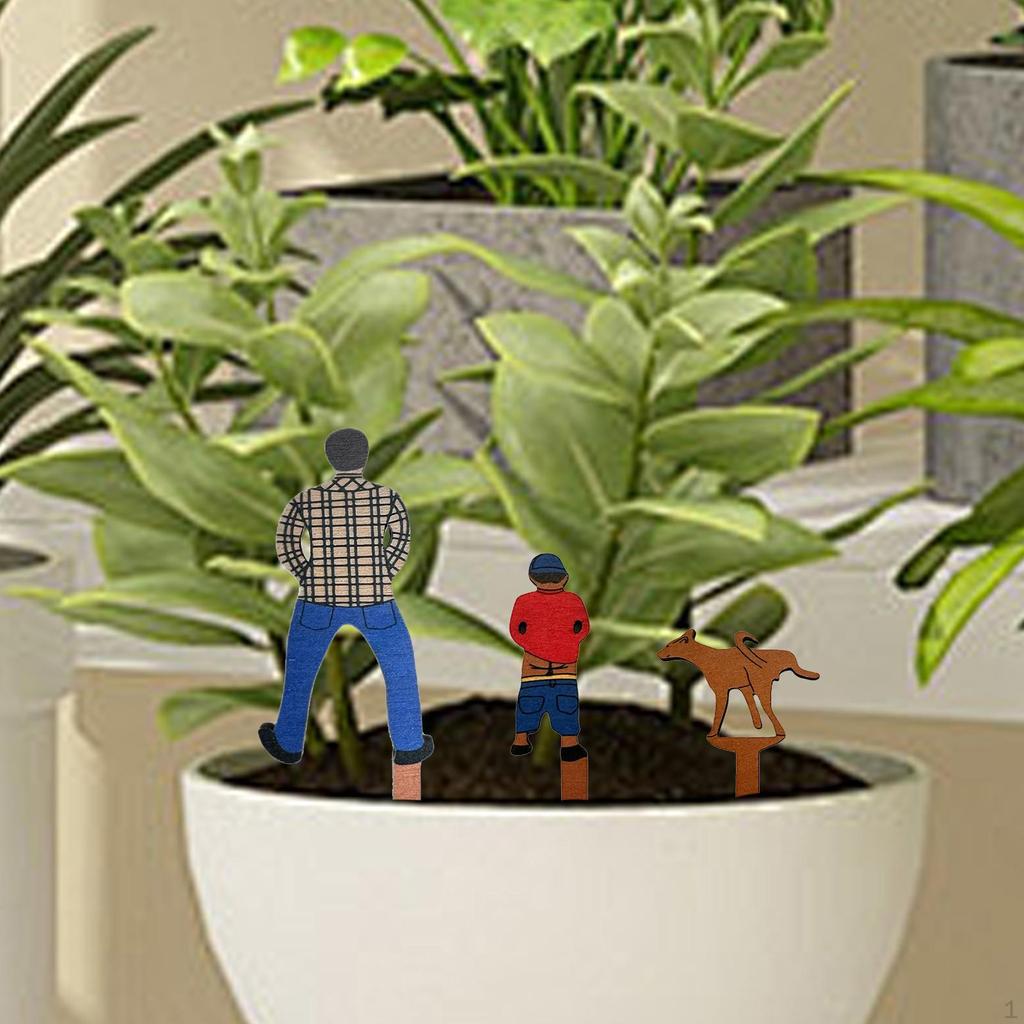 3 Pieces Potted Plant Wooden Plaque Garden Decoration Dad, Son and Dog Ornament Creative Fun