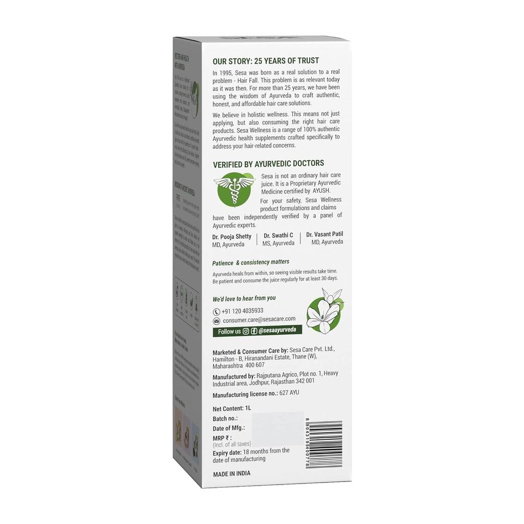 SESA Ayurvedic Hair Care Juice For Hair Fall Control & Hair Growth 1L Pack Of 1 Natural Daily Drink For Strong Healthy Hair