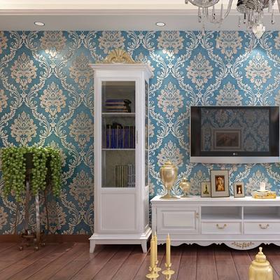 1 Roll Thickened Non-Self-Adhesive European Luxury Sky Blue Floral Wallpaper - Non-Woven Pearl Base for Kitchen/Bedroom/Living Room/Study Wall