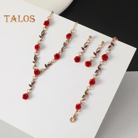 3 Pcs/Set Red Rose Jewelry Set Floral Theme Romance Vintage France Style Valentines Day Mothers Day Present Earrings Adjustable Rhinestone Necklace