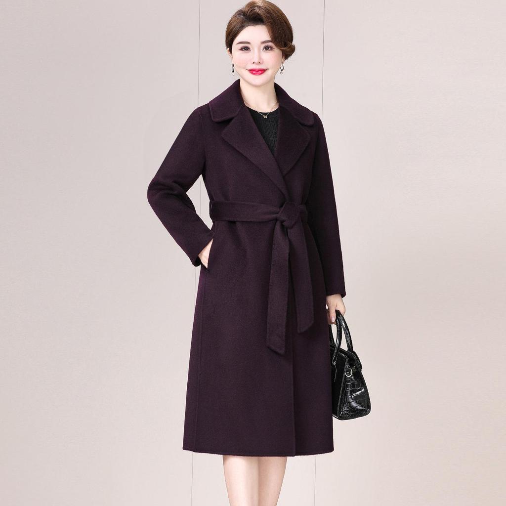 Damski dwustronny płaszcz kaszmirowy - Modny średniej długości z wiązaniem, wełniany, na jesień/zimę