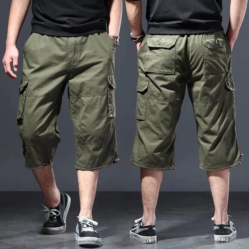 Mens Cargo Shorts Casual Half Pants Elastic Waist Summer Camo Shorts Sports Running Hiking Multiple Pockets Male Knee Pants