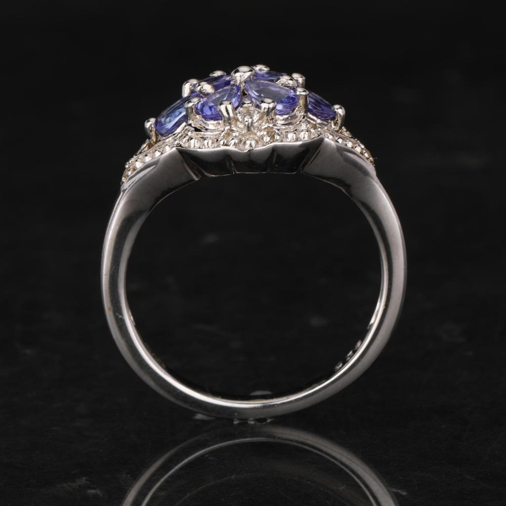 Tanzanite & White Topaz Ring 925 Sterling Silver Rhodium Plated Pear Cut Gemstone Ring for Women