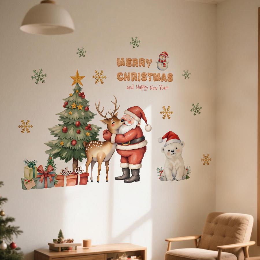 Adorable Santa & Reindeer Christmas Wall Sticker for Bedroom Living Room Entrance Hall Home Decoration Wall Decal