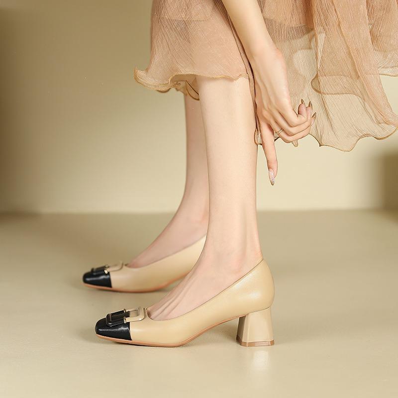 9-Color Matching Thick Heel Square Buckle Shoes Women's Light Mouth Middle Heel Square Head Single Shoes Women's Wedding Shoes Dress Bridesmaid Shoes