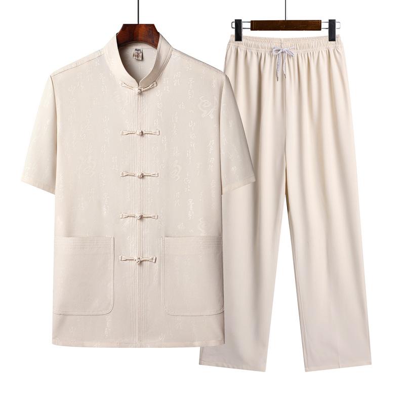 Chinese Style Casual Tops, Small Shirts, Middle-aged and Elderly Short-sleeved Button-down Shirts and Trousers Two-piece Set