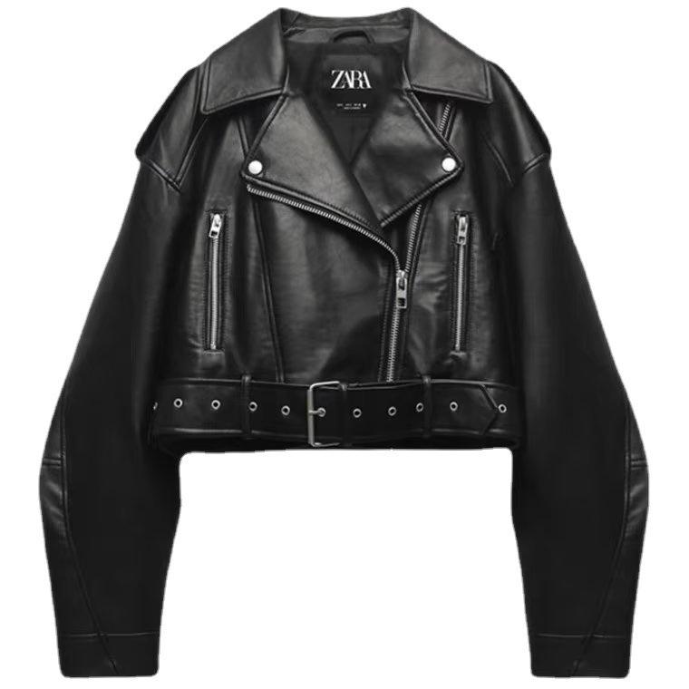 European and American Style Imitation Leather Jacket Trend Women's Lapel Motorcycle Jacket Pu Leather Jacket