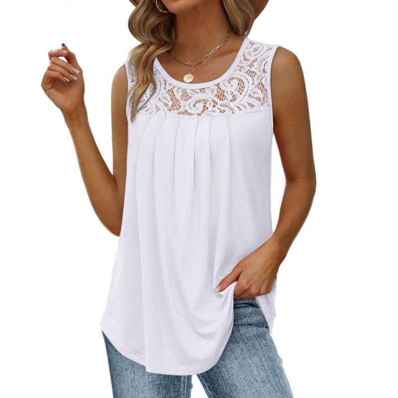 Summer Women White Lace Sleeveless Pleated Flowy Hem Casual Tank Top S белый