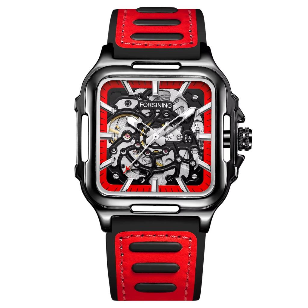 Forsining Square Dial Skeleton Watch Automatic Watch for Men Luxury Sports Mechanical Wristwatch Waterproof Luminous Leather Band