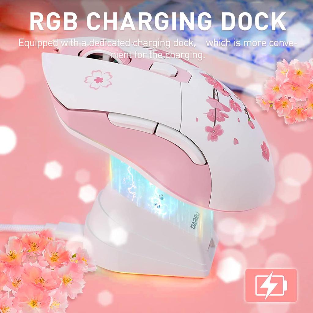 DAREU Gaming Mouse Wireless Cherry Wireless USB Connectable Lightweight 85g Ergonomic Cute Sakura 12000DPI Charging Dock Included Programmable EM901X