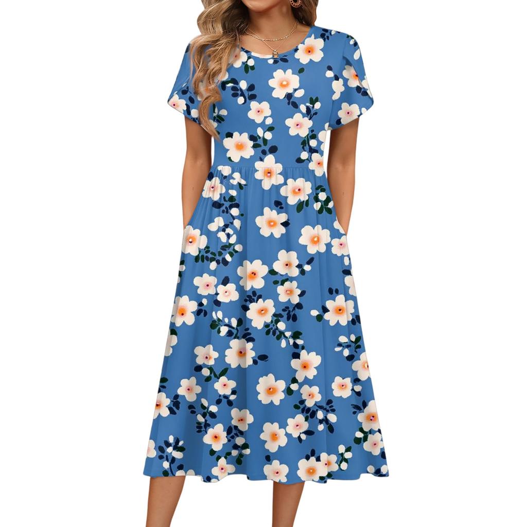 Damenmode Sommer Rundhals Kurzarm Blumendruck Strandkleider